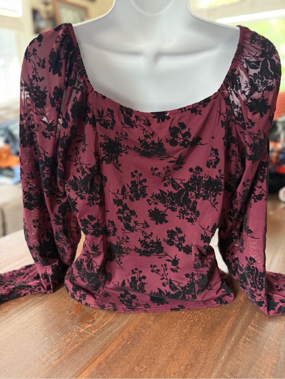 NWT Burgundy Floral Peasant Blouse with Black Burnout Print - XL - Picture 4 of 7
